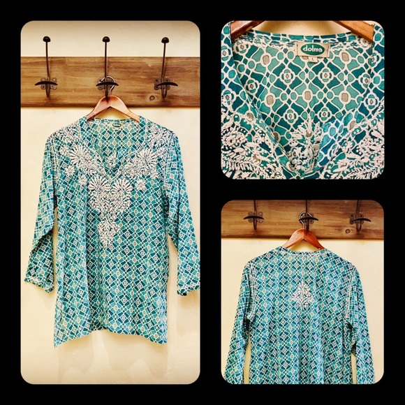 🪶3/$50 DOLMA Teal & White Mosaic Hand Embroidered L/S Blouse-L - Picture 1 of 16